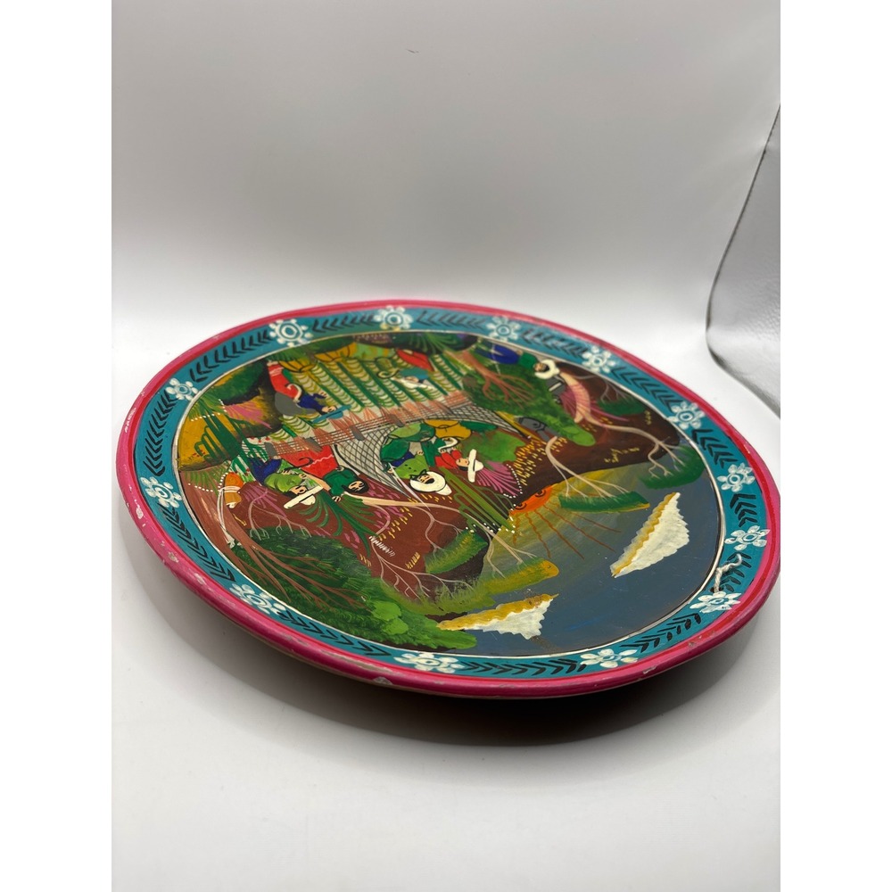 Vintage Mexican Folk Art Hand Painted Clay Plate Harvest Scene Wall Decor 12in - Picture 4 of 4